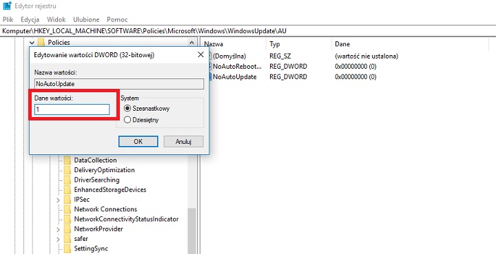 Zmieniając wartość z 0 na 1 powiemy systemowi, że chcemy uruchomić stworzoną opcję. - Jak wyłączyć aktualizacje Windows 10? - dokument - 2019-11-04