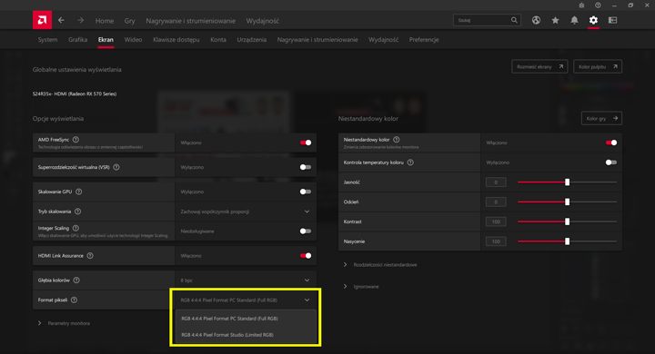 W Radeonach wybór pomiędzy RGB Limited i Full znajdziemy w ustawieniach Ekranu i opcji Format pikseli. - Podłączasz monitor przez HDMI? To może być błąd! - dokument - 2021-08-03