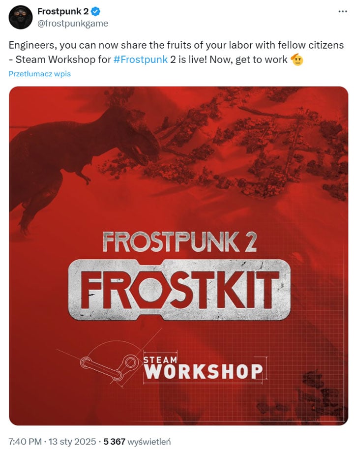 Źródło fot. X.com. - Frostpunk 2 dostał wsparcie dla Steam Workshop. Polscy deweloperzy ułatwili życie fanom modów - wiadomość - 2025-01-14