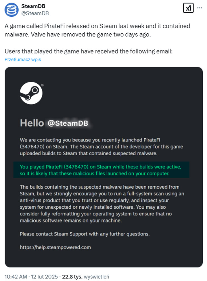 Źródło fot. X.com. - Gra wydana na Steam w zeszłym tygodniu zawierała złośliwe oprogramowanie. Valve ją usunęło i wysłało graczom ostrzeżenie - wiadomość - 2025-02-13