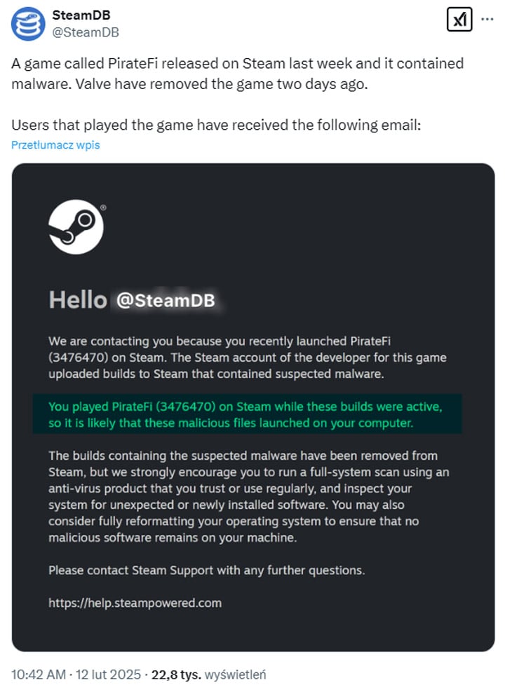 Źródło fot. X.com. - Gra wydana na Steam w zeszłym tygodniu zawierała złośliwe oprogramowanie. Valve ją usunęło i wysłało graczom ostrzeżenie - wiadomość - 2025-02-12