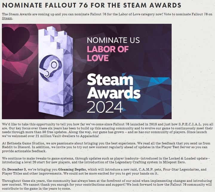 Źródło: Bethesda Softworks. - Bethesda poprosiła 21-milionową społeczność Fallouta 76 o nominację do Steam Awards 2024. Gracze stwierdzili, że to nieśmieszny żart - wiadomość - 2024-11-28