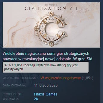 Aktualne oceny Civ 7 na Steamie. Źródło: Steam