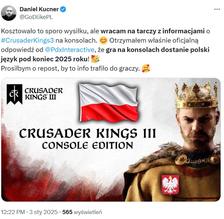 Źródło fot. X.com. - Crusader Kings 3 dostanie wersję PL również na konsolach. Niestety nie stanie się to zbyt prędko - wiadomość - 2025-01-03