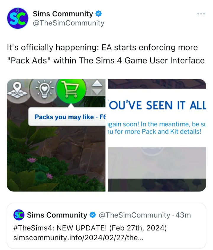 Źródło: X.com/@TheSimCommunity - Fani Simsów zmęczeni mikropłatnościami w serii. Nowy „spam” w The Sims 4 tylko to umacnia - wiadomość - 2024-02-28