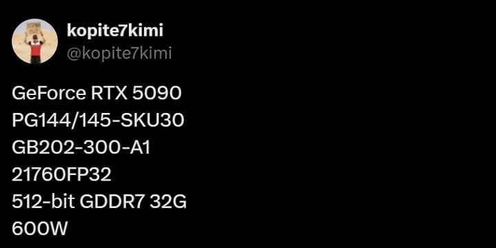 Źródło: X, @kopite7kimi. - Specyfikacja kart graficznych Nvidia GeForce RTX 5090 i RTX 5080 wyciekła do sieci - wiadomość - 2024-09-27