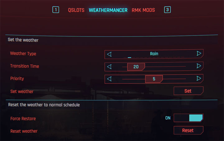 Cyberpunk 2077 mod Weathermancer - Weather Select Menu v.1.0