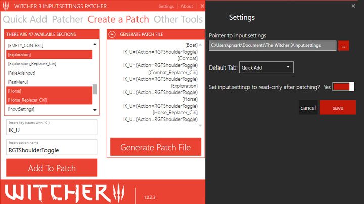 Wiedźmin 3: Dziki Gon mod Input.Settings Patcher v.1.023