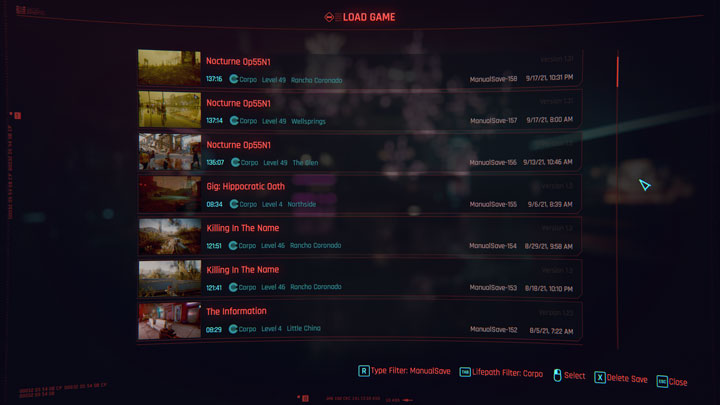 Cyberpunk 2077 mod Filter Saves by Lifepath and Type v.1.0.0