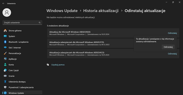 Windows 11 również nie stwarza problemów z usuwaniem niechcianych aktualizacji. Źródło: Windows 11 / własne. - Jak cofnąć aktualizację Windows 10 i 11? - wiadomość - 2024-01-17