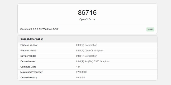 Wynik uzyskany przez B570 w benchmarku Geekbench. Źródło: Geekbench. - To będzie król w swojej kategorii cenowej; wyciekły obiecujące benchmarki karty graficznej Intel Arc B570 - wiadomość - 2025-01-14