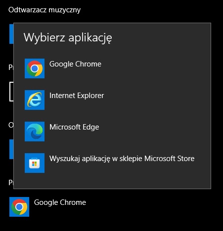 Ustawianie Chrome’a jako domyślnej przeglądarki w Windowsie 10. Źródło: własne.