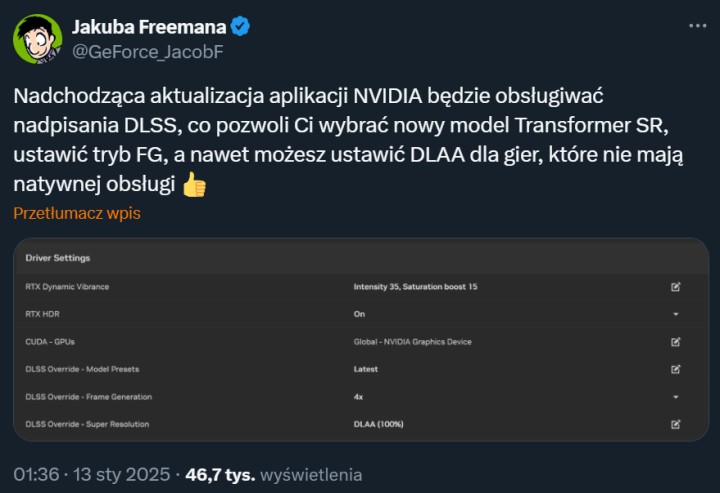 Wpis Jacoba Freemana nt. aktualizacji Nvidia App. Źródło: X (dawniej Twitter) - Ulepszony DLSS i DLAA w starszych grach - duże zmiany w aktualizacji dla Nvidia App - wiadomość - 2025-01-13