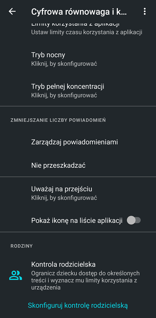 Pomimo że domyślnie „Cyfrowa równowaga” jest dostępna z poziomu ustawień, może również trafić na listę naszych aplikacji. Źródło: własne.