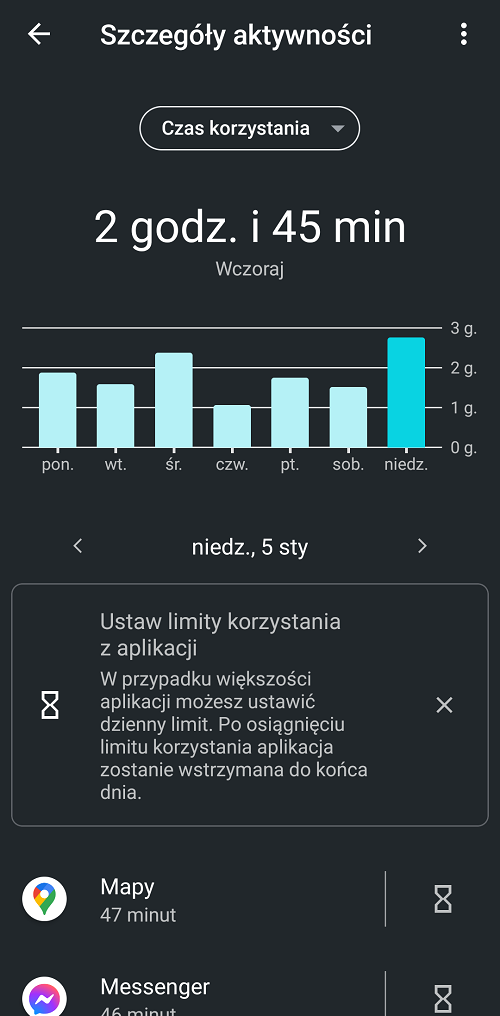 „Cyfrowa równowaga” w Androidzie zapewnia nam dość szczegółowy wgląd w informacje dotyczące czasu, jaki poświęcamy na korzystanie z naszego smartfona lub tabletu. Źródło: własne.