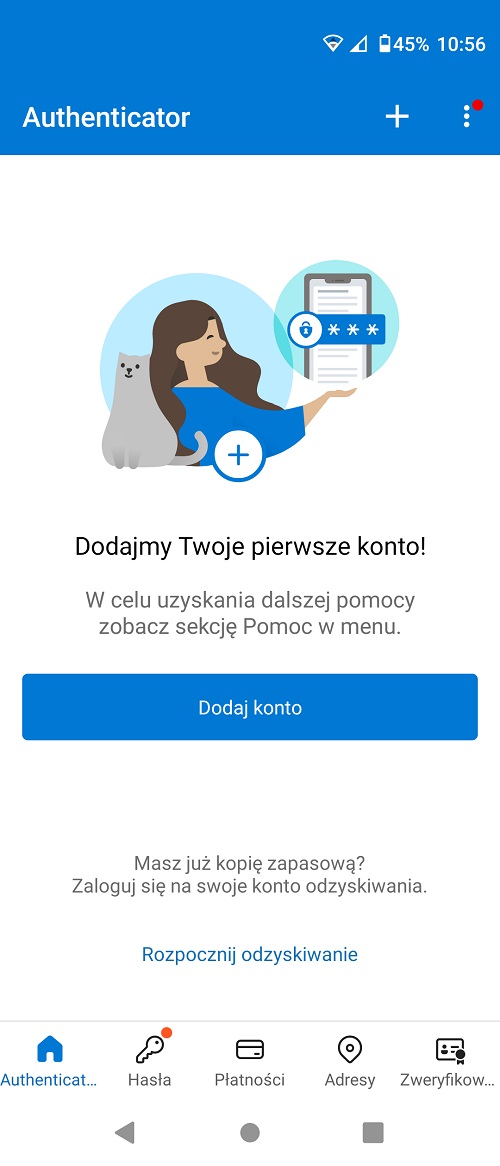 Microsoft Authenticator „na dzień dobry” oferuje nam możliwość odzyskania danych z kopii zapasowej. Źródło: własne / Microsoft Authenticator.