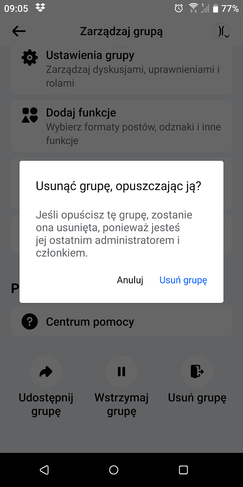 Grupę na Facebooku możemy usunąć dopiero wówczas, gdy będziemy ostatnimi jej uczestnikami. Źródło: własne / Facebook.