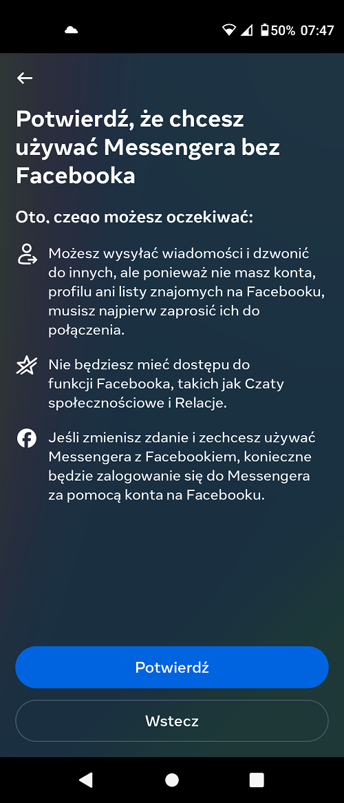 O tym, że nie chcemy łączyć naszego konta Messenger z Facebookiem możemy zdecydować w trakcie rejestracji. Źródło: własne / Messenger.