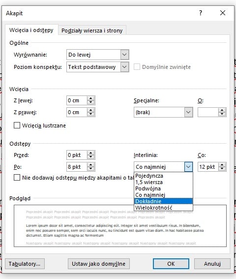 Okno z bardziej zaawansowanymi ustawieniami dotyczącymi akapitów oraz interlinii. Źródło: własne.