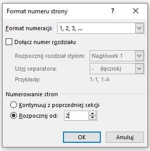 Word pozwala nam rozpocząć całe numerowanie od wybranego przez nas numeru strony. Źródło: własne.