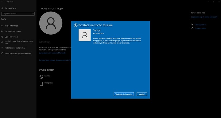 Tak wygląda ostatni krok przed przełączeniem się z konta Microsoft na lokalne w Windowsie 10. Źródło: własne. - Jak usunąć konto Microsoft z komputera? Opisujemy krok po kroku - wiadomość - 2024-12-12