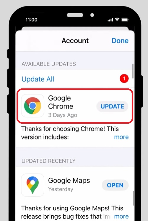 Google Chrome na iOS zaktualizujemy ręcznie z poziomu App Store’a. Źródło: Google Chrome / YouTube.