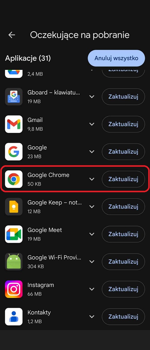 Przeglądarkę Chrome na Androida można zaktualizować ręcznie z poziomu Google Play. Źródło: własne.