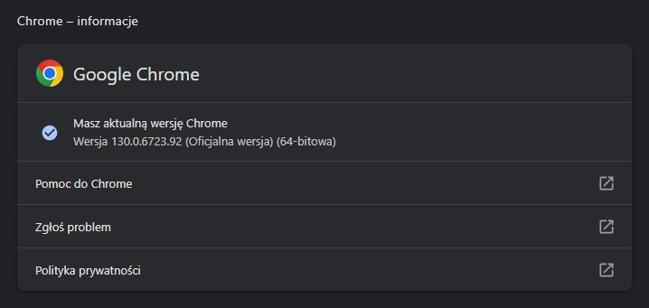 Jeśli żadna aktualizacja nie jest dostępna, Chrome jasno nas o tym poinformuje. Źródło: własne.