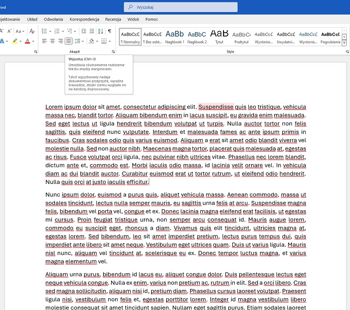 Przykład wyjustowanego tekstu w programie Microsoft Word. Źródło: własne. - Word i justowanie tekstu. Opisujemy krok po kroku, jak wyjustować tekst w Wordzie - wiadomość - 2025-01-09