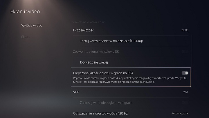 Możliwość włączenia trybu ulepszonej jakości obrazu w grach z PS4 znajdziemy w ustawieniach ekranu i wideo. Źródło: własne. - PS5 Pro - jak włączyć Game Boost? Opisujemy krok po kroku - wiadomość - 2024-11-07