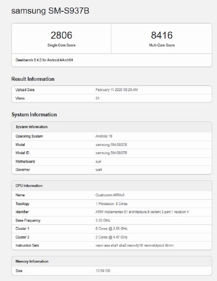 Źródło: Geekbench - Galaxy S25 Edge pojawił się w benchmarku; nowy model Samsunga nie wyróżnia się wydajnością na tle serii S25 - wiadomość - 2025-02-12