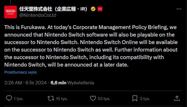 Źródło: X - Nintendo Switch 2 zaoferuje wsteczną kompatybilność - wiadomość - 2024-11-06