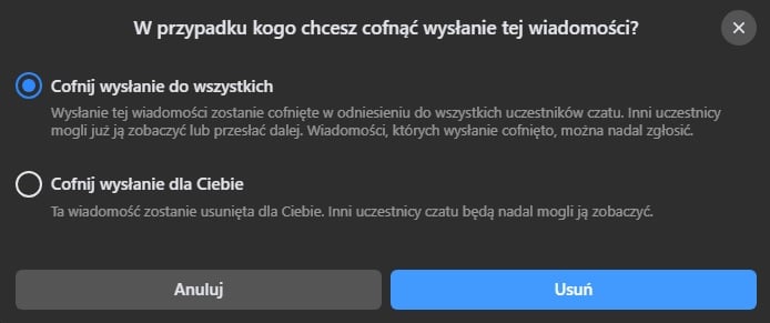 Usuwanie wysłanego przez siebie zdjęcia z Messengera na komputerze. Źródło: własne.