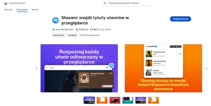 Shazam w Chrome Web Store. Źródło: Google. - Shazam w Chrome. Jak pobrać i korzystać? Odpowiadamy - wiadomość - 2024-12-09