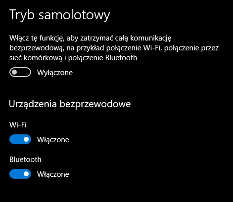 Włączony tryb samolotowy może powodować problemy z Wi-Fi. Źródło: własne / Windows 10.