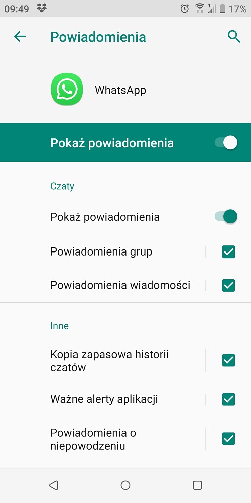 Włączenie powiadomień z WhatsAppa na telefonie to pierwszy krok, by wyświetlały się one na smartwatchu. Źródło: własne.