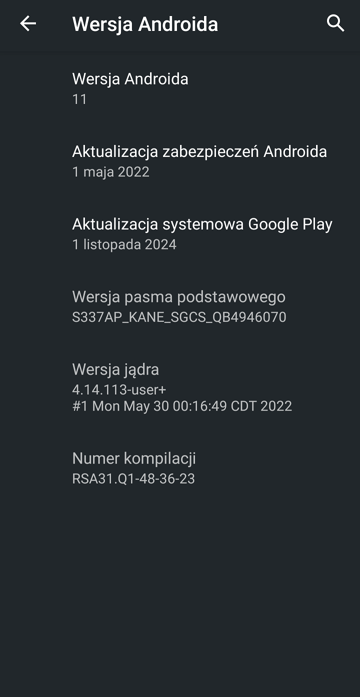 W ustawieniach telefonu znajdziemy szczegółowe informacje na temat wersji systemu Android. Źródło: własne. - Jaki jest najnowszy Android i jak sprawdzić wersję Androida? Odpowiadamy i objaśniamy - wiadomość - 2025-01-29