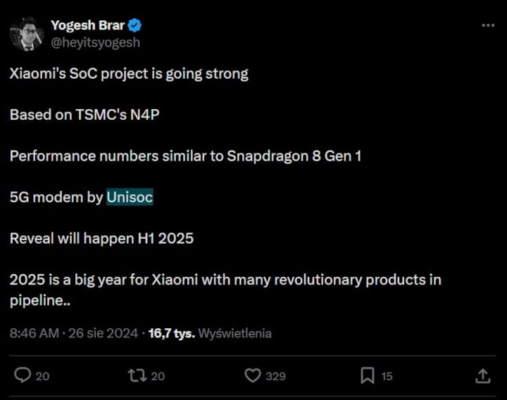Źródło: X - Xiaomi ma powrócić do tworzenia własnych czipów; konkrety powinny pojawić się w przyszłym roku - wiadomość - 2024-08-27
