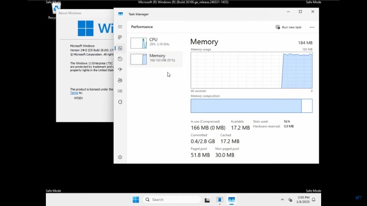 MS Windows 11 uruchomiony na 184 MB RAMu. Źródło: NTDEV - Po zainstalowaniu Windowsa 10 w zaledwie 105 sekund, deweloper pobił rekord Windowsa 11, zużywając tylko 184 MB RAM - wiadomość - 2025-01-29