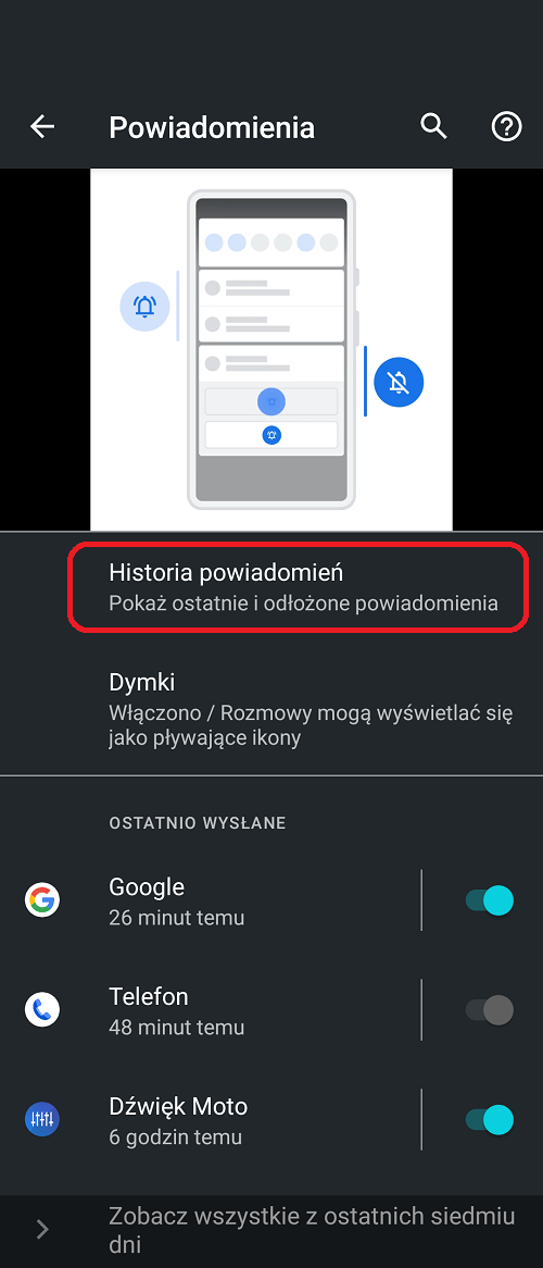 Opcje związane z historią powiadomień znajdziemy w ustawieniach aplikacji i powiadomień na Androidzie. Źródło: własne.