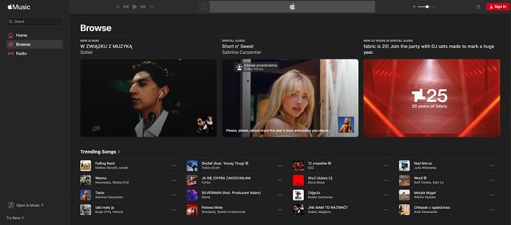 Z Apple Music można korzystać zarówno z poziomu przeglądarki Internetowej, jak i poprzez aplikację. Źródło: Apple Music. - Apple Music w Windows - co trzeba wiedzieć? - wiadomość - 2024-08-28