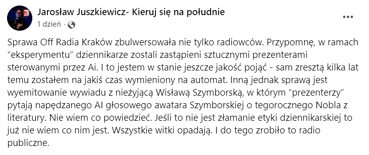 Lektor dzieli się obawami co do przyszłości polskich mediów. Źródło: Facebook