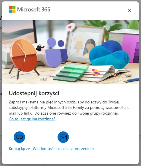 Nowego użytkownika subskrypcji Microsoft 365 Family możemy zaprosić mailowo lub przy pomocy linku. Źródło: własne.