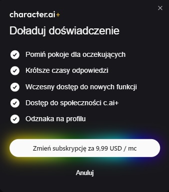 Choć Character AI jest dostępne za darmo, chętni mogą opłacić miesięczną subskrypcję. Źródło: własne.