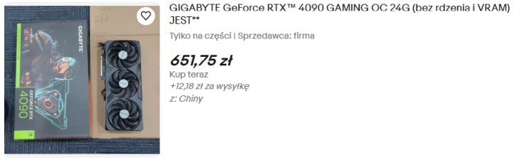 Oferta sprzedaży karty graficznej bez GPU i VRAM. Źródło: eBay - Dlaczego na aukcjach jest tyle RTX 4090 bez GPU i VRAM? Wyjaśnienie jest dość zaskakujące - wiadomość - 2024-11-28