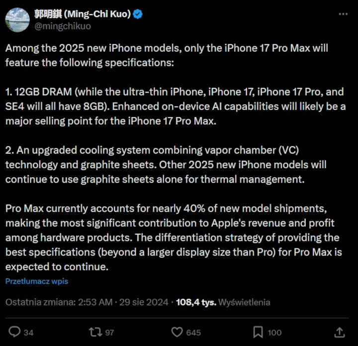 Źródło: X - Apple dogania konkurencję; model 17 Pro Max może być pierwszym iPhone'em z 12 GB pamięci RAM - wiadomość - 2024-08-29