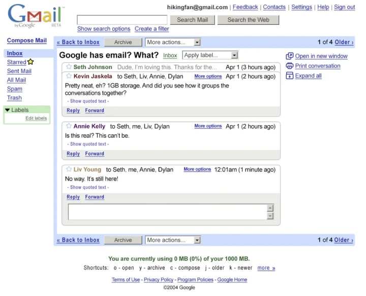 Wygląd Gmaila w 2004 roku | Źródło: Blog Google