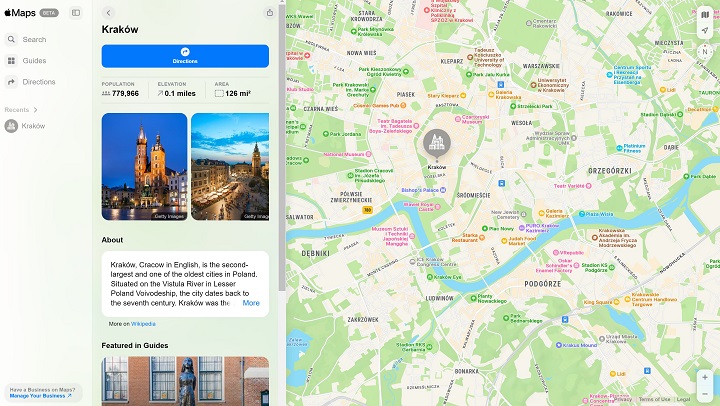 Przykładowy widok przeglądarkowego interfejsu Apple Maps w wersji beta. | Źródło: Apple Maps