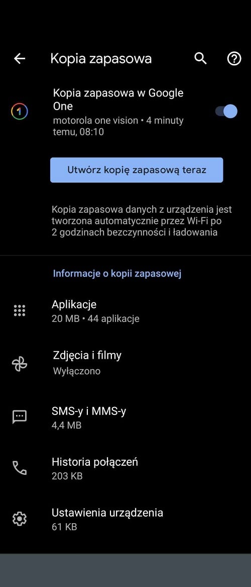 Skorzystanie z kopii zapasowej to główny sposób na przenoszenie danych pomiędzy dwoma urządzeniami z Androidem. Źródło: własne.