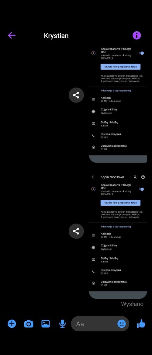 Do przesyłania danych pomiędzy urządzeniami można wykorzystać nawet Messengera. Źródło: własne.